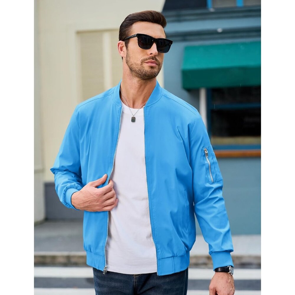Men's #01 Ice Blue Bomber Jacket Coats Casual Zip Pocket Outwear 5 Pockets - Picture 4 of 6